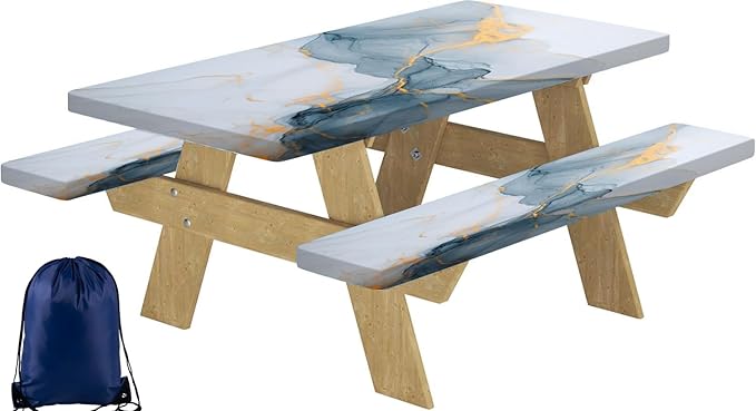 CAPSCEOLL Picnic Table Cover with Bench Covers 8Ft Waterproof Camping Tablecloth All-Weather Outdoor Table Protector with Drawstring Bag for Camping Essentials, 96X30In, Grey White