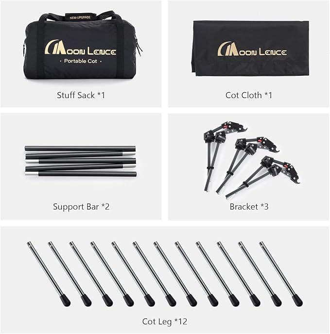 MOON LENCE Height Adjustable Camping Cot - Supports 330 lbs, Portable Folding Bed with Leg Extenders for Camping, Hiking, Sleeping, Black