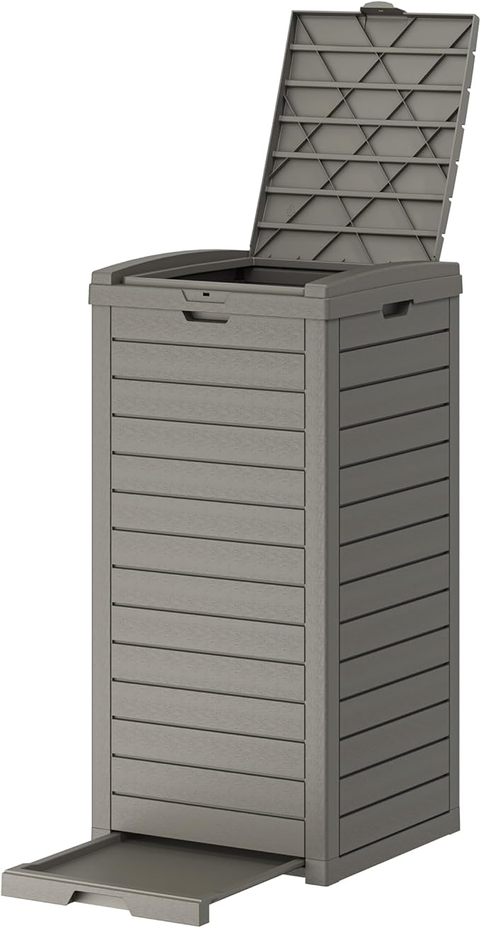 Outdoor Trash Can, 31 Gallon Garbage Can with Tiered Lid and Drip Tray, Waterproof Resin Patio Waste Bin for Garden, Backyard, Deck