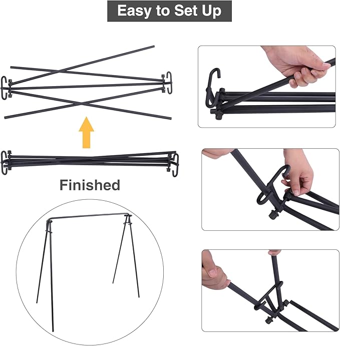 Lineslife Grill Swing Hanging Campfire Cooking Stand with Adjustable Iron Grill Grate, Collapsible Campfire Cooking Rack with Hooks and Accessories for BBQ Picnic, Outdoor Camping Cookware, Dutch Oven