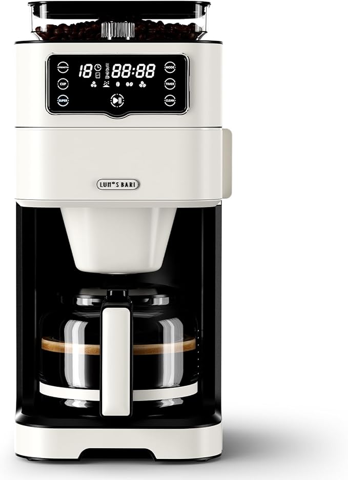Drip Coffee Maker with Built-in Grinder, 10-Cup Programmable Brew Coffee Machine with Timer, Touch Screen, Self-Cleaning, Reusable Filter, 1.5L Removable Water Tank, Warming Plate, White