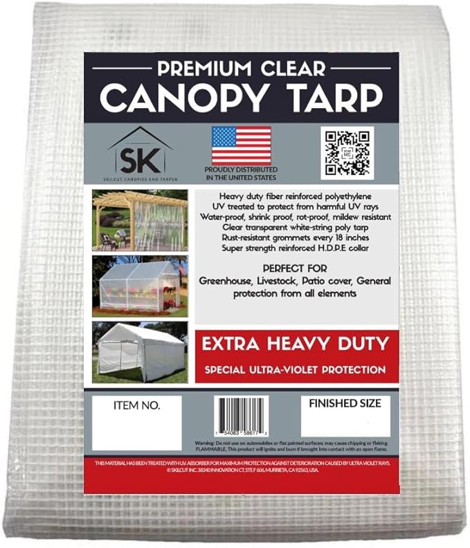 16 Mil Clear Poly Heavy Duty Tarp with Fiber Reinforcement - True Size Tarps with UV Protection, Tear Resistance, Flexibility, Reinforced Corners 7x10