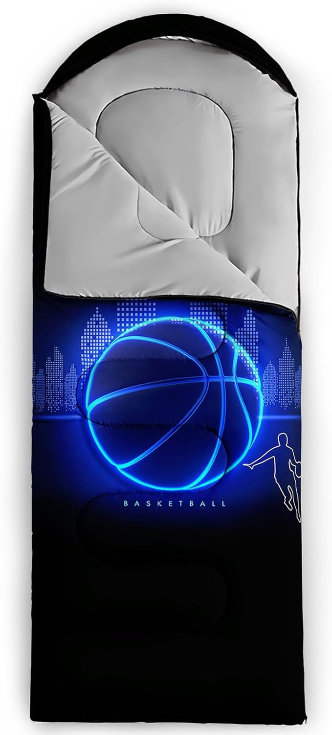 AILONEN Blue Glowing Basketball Sleeping Bag for Kids Boys,Warm and Cool Weather,Lightweight,Waterproof Backpacking,City Theme Ball Sports Sleeping Bag for Camping
