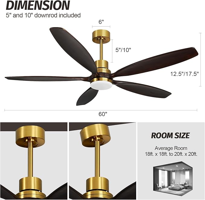 60" Ceiling Fan with Light and Remote,Reversible DC Motor,6Speed,Modern Natural Wood Ceiling Fan with Dimmable LED for Outdoor Patios Bedroom Living Room,Grey Walnut and Brass