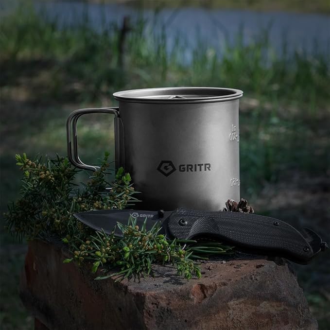 GRITR Titanium Mug, 15.2 fl oz / 25.4 fl oz | Camping, Backpacking, Picnic, Hiking, Travel, Outdoor Cooking Gear w/Lid & Folding Handles | Ultralight Multi-Purpose Metal Cup for Water, Coffee, Tea