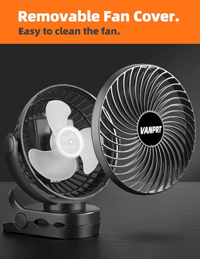 6'' Clip Fan, Portable Clamp Fans with Hanging Hook, 5000mAh Rechargeable Battery Fan, 3 Speeds, 720° Rotation, Quiet, Strong Grip Clamp, 7-30 Working Hours for Camp Stroller Bed - Black