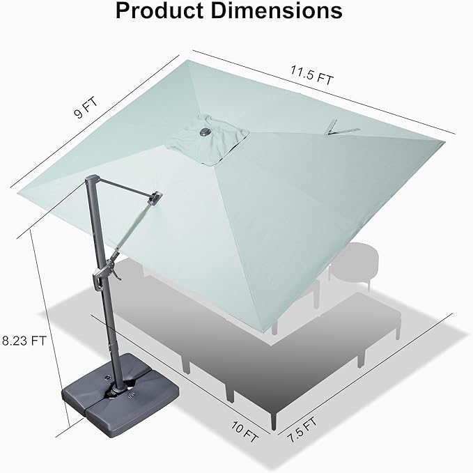 PURPLE LEAF 9' X 11.5' Rectangle Patio Umbrella Outdoor Large Aluminum Cantilever Umbrella with 3-Year Fade Resistance Recycled Fabric and 360-degree Rotation for Deck Pool Garden, Mint Green