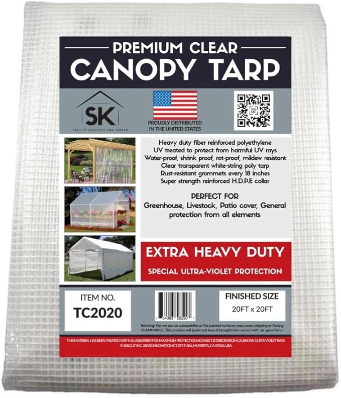 16 Mil Clear Poly Heavy Duty Tarp with Fiber Reinforcement - True Size Tarps with UV Protection, Tear Resistance, Flexibility, Reinforced Corners 20x20