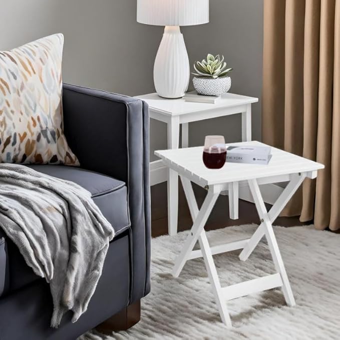 Outdoor Patio Side Table Small Wood End Square Table Folding Coffee Furniture for Living Room, Bedroom, Plant Stand, Camping Portable White