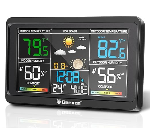 Geevon Weather Stations Wireless Indoor Outdoor Thermometer, Color VA Display Digital Weather Thermometer, Temperature Humidity Monitor with Barometer, Calendar, and Adjustable Backlight