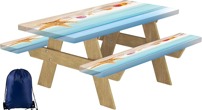 CAPSCEOLL Picnic Table Cover with Bench Covers 8Ft Waterproof Camping Tablecloth All-Weather Outdoor Table Protector with Drawstring Bag for Camping Essentials, 96X30In, Sea Beach