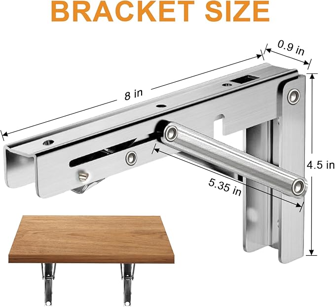 Storystore Folding Shelf Brackets - 8 Inch Heavy Duty Stainless Steel Collapsible Shelf Bracket for Bench Table, Space Saving DIY Bracket, Max Load: 550lb (4 PCS)