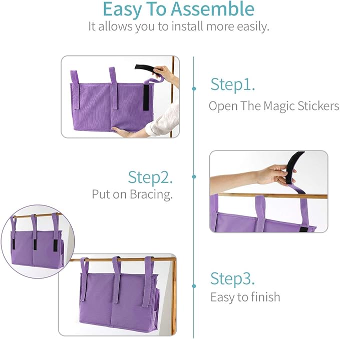 Bseash Bunk Bed Organizer, Bedside Caddy Hanging Bed Organizer Storage Bag 8 Pockets, for College Dorm Rooms Bed, Hospital Bed, Baby Bed Rails, 600D Oxford Cloth (Purple)