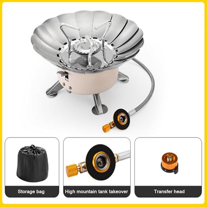 Windproof Camping Stove with Piezo Ignition, Portable Gas Stove for Camping, Backpacking Camp Stove for Outdoor Cooking, Folding Lotus Windshield, Small Adjustable Burner for BBQ, Hiking, Picnic