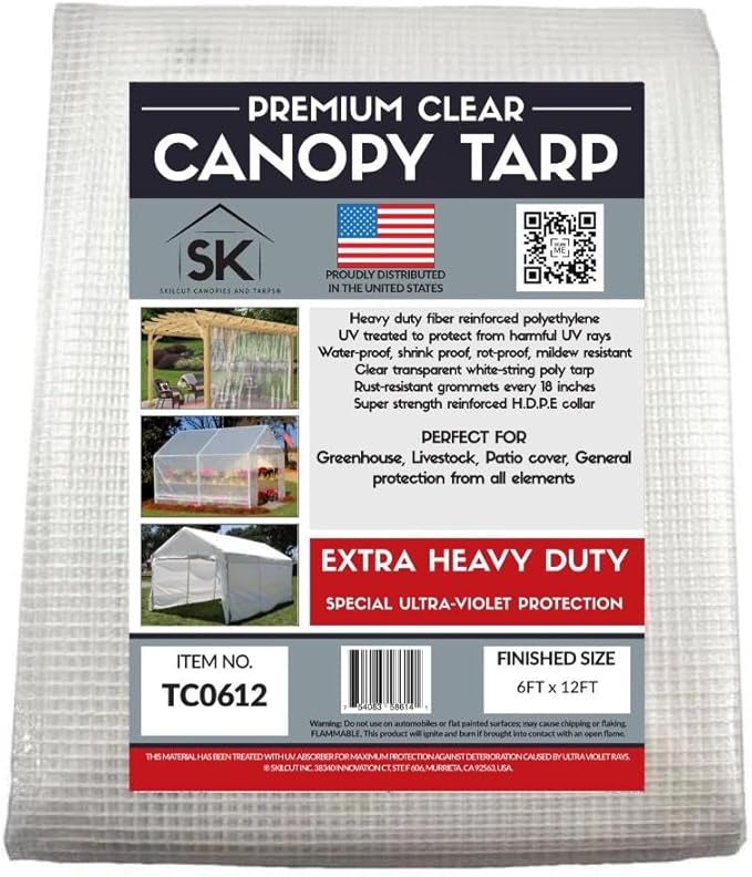 16 Mil Clear Poly Heavy Duty Tarp with Fiber Reinforcement - True Size Tarps with UV Protection, Tear Resistance, Flexibility, Reinforced Corners 6x12