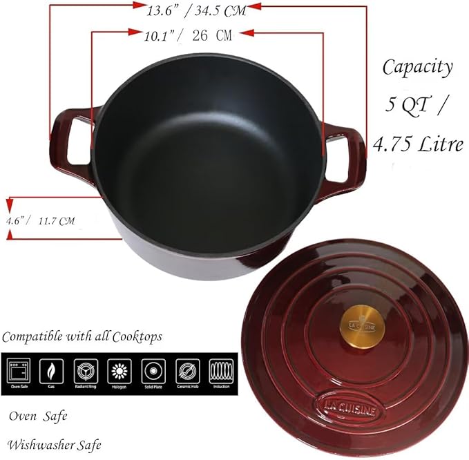 La Cuisine Enameled Cast Iron Dutch Oven Casserole Dish Pot with Lid, 5 QT 10.3“ /26cm Dia. Internal Matte Black Enamel Coating Gold-Plated SS Lid Handle Oven Safe up to 500° F, Cranberry