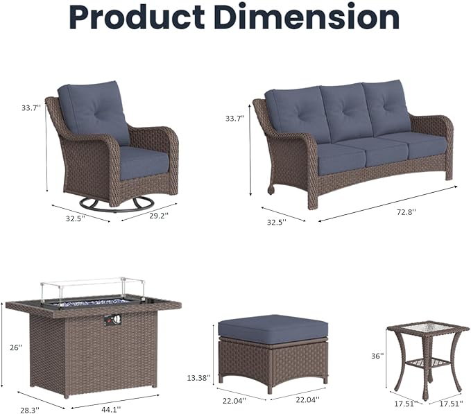 7 Pieces Outdoor Patio Furniture Sets with Rocking Swivel Chairs with 6-inch Thick Cushion and Fire Pit Table for Deck Lawn