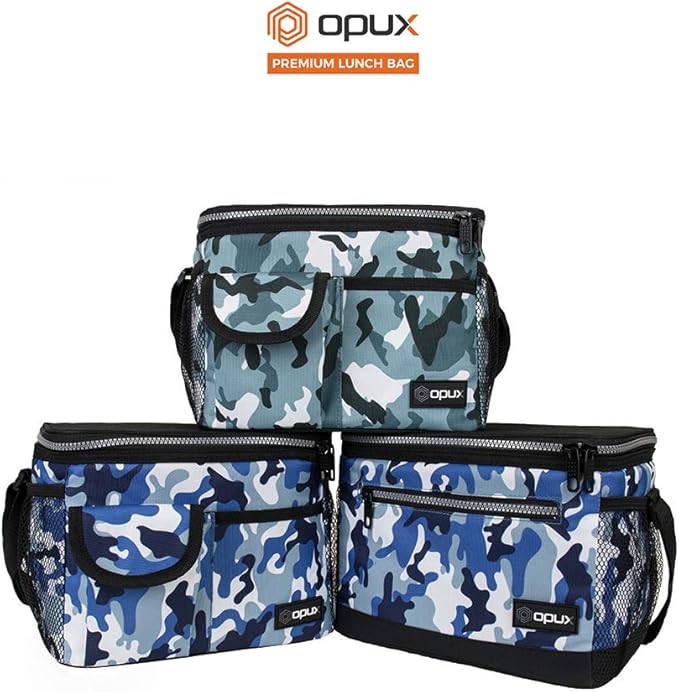 opux Insulated Lunch Box Men Women, Lunch Bag for Work School, Leakproof Soft Cooler Tote Adult, Large Lunch Pail Kids Boys Girls, Picnic Beach Food Bag with Shoulder Strap, Camo Blue