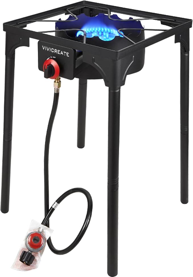 Vivicreate 30000 BTU Propane Gas Stove Outdoor Single Burner Adjustable Height with 20PSI Regulator Heavy Duty Cooker for Patio Camping Garden BBQ Fogon de Gas Estufa de Gas Portatil Parrillas de Gas