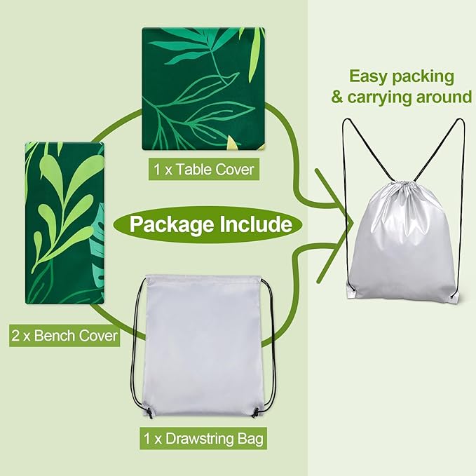 Picnic Table Cover with Bench Covers Camping Essentials Waterproof Windproof Camping Tablecloth with Drawstring Bag, Fitted Rectangle Tables and Seats, 96in, Dark Green