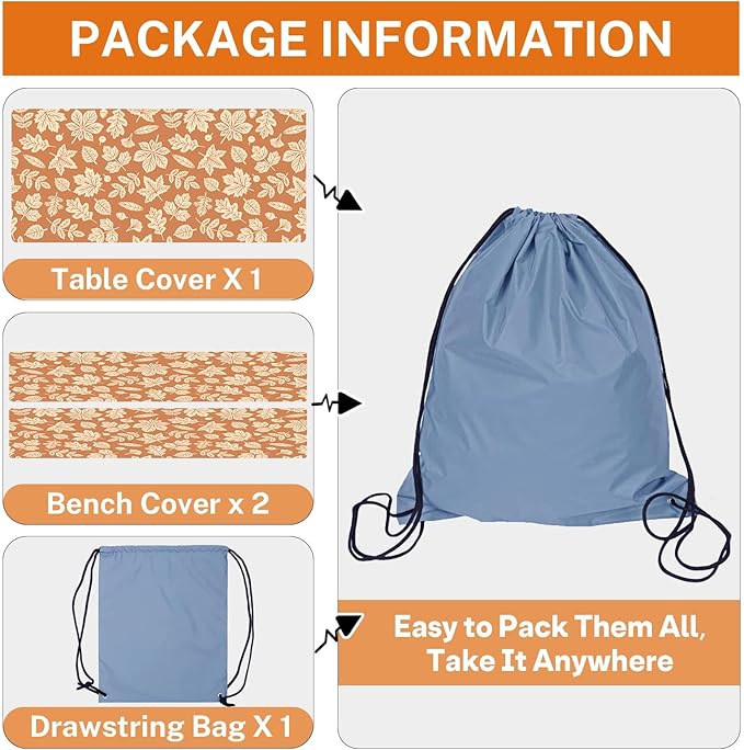 Picnic Table Cover with Bench Covers Elastic Edges, Fall Yellow Fitted Table Cover, Outdoor Patio Camping Essentials 72 Inch 3PCS, Waterproof Camping Fitted Tablecloth with Drawstring Bag