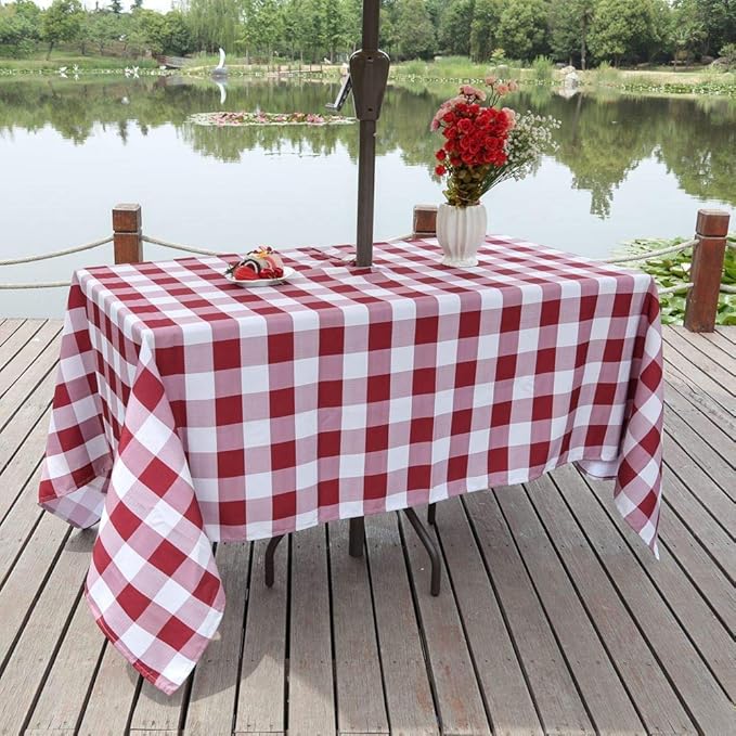 Poise3EHome 60X120 Outdoor/Indoor Waterproof Spillproof Rectangle Tablecloth with Umbrella Hole for Christmas Camping, Picnic, Afternoon Tea, BBQ, Burgundy Red Checkered