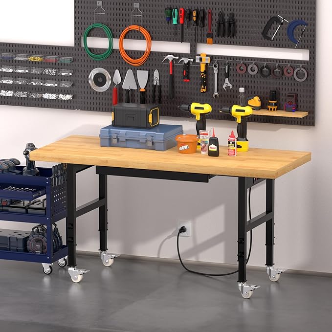 Solid Wood 60" Work Bench with Wheels, Heavy-Duty Workbench with Drawers, Adjustable Height Work Table with Power Outlets, 2000 LBS Capacity Workstation for Garage, Workshop(60" X 24")