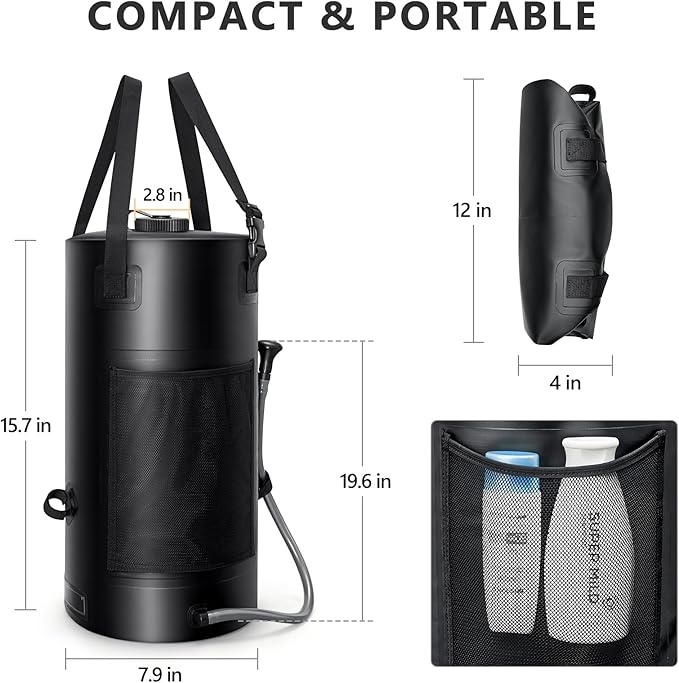 Solar Shower Bag, 5 Gal/3 Gal Solar Heating Camping Shower Bag, On-Off Switchable Shower Head, Portable Shower with Thick Tarpaulin for Camping, Surfing, Outdoor Traveling, No Tear & Leak