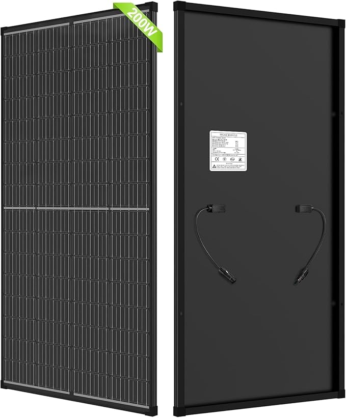 200 Watt Solar Panel, 12V Single Panel, N-Type Monocrystalline 25% High-Efficiency PV Module for RV, Boat, Marine, Trailer, Farm, Shed, Rooftop and Home Off-Grid System (1 Pack 200W, Black)