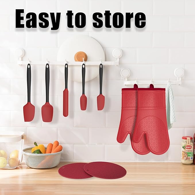 Oven Mitts with Heat-Resistant Hot Pads and Five Silicone Spatulas Designed for Kitchen Baking Cooking, Oven Glove Soft Cotton Lining, Waterproof, BPA-Free (RED, 12.6)