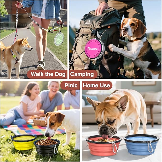 Pawaboo Collapsible Dog Bowls 2 Pack, Silicone Feeding Watering Bowls with Lids & Carabiners for Dogs Cats, Portable Water Feeder Food Bowl for Walking Traveling Home Use, 1000ml, Light Pink + Grey