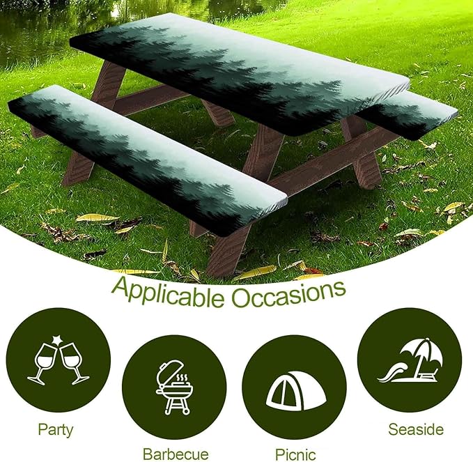 CAPSCEOLL Elastic Picnic Table Cover with Bench Covers 5Ft Waterproof Fitted Picnic Table Cover Cloths for Outdoors Camping Tablecloth with Drawstring Bag, 60X30in, Green Forest