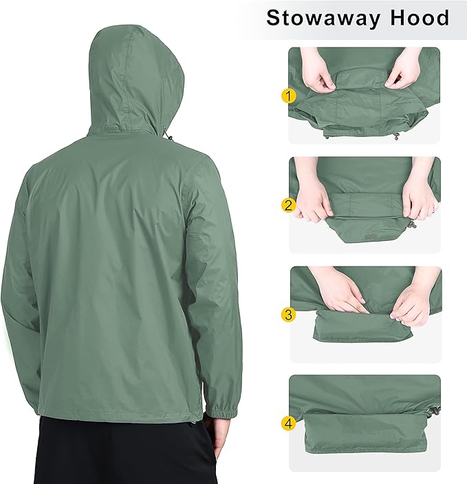 Outdoor Ventures Men's Rain Jacket Waterproof Lightweight Packable Rain Shell Raincoat with Hood for Golf Hiking Travel
