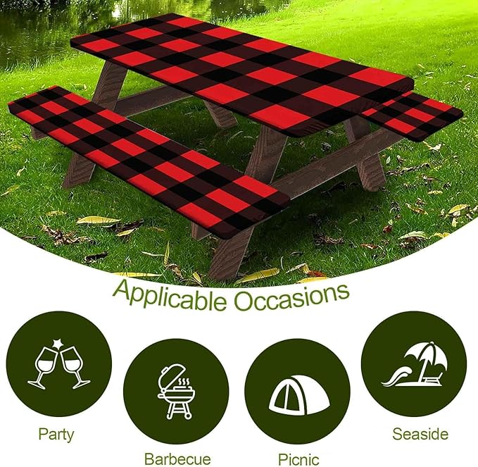CAPSCEOLL Elastic Picnic Table Cover with Bench Covers 5Ft Waterproof Fitted Picnic Table Cover Cloths for Outdoors Camping Tablecloth with Drawstring Bag, 60X30in, Black Red