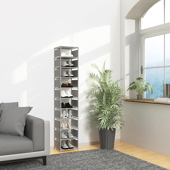 Vertical Shoe Rack, 10 Tier Grey Narrow Shoe Organizer for Closet Entryway, Tall Slim Shoe Tower for Small Spaces, Space Saving Corner Shoe Shelf