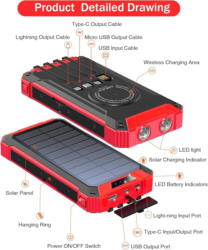GOODaaa Power Bank Wireless Charger 36000mAh Built in 4 Cables Six Outputs 15W Fast Charging Power Bank for All Mobile Devices Three Inputs Solar Portable Charger with Dual Flashlights, Carabiner