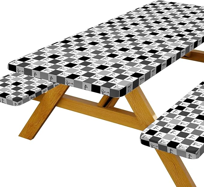 Picnic Table Cover with Bench Covers, Checkered Bownot Elastic Edges Waterproof Windproof Camping Essentials, Camping Fitted Tablecloth with Drawstring Bag, Pink White, 60in, Black White