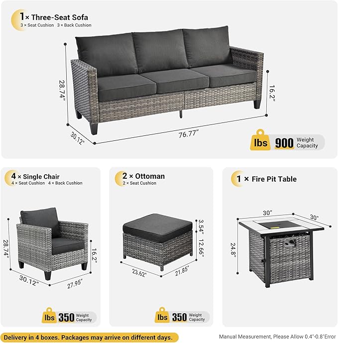 ovios 8 Pieces Patio Furniture Set with 30" Fire Pit Table, Outdoor Wicker Sofa with Comfy Cushions, All Weather High Back Rattan Couch Conversation Set, Black