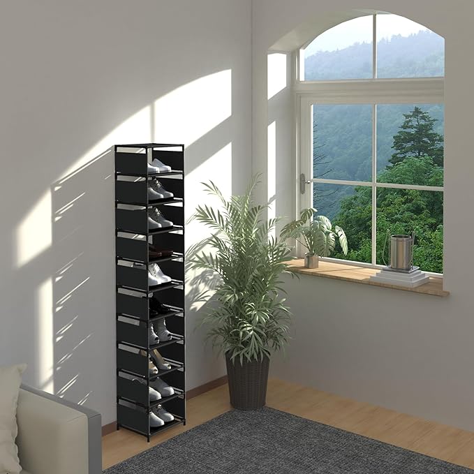 Vertical Narrow Tall Shoe Rack for Front Door Entrance,10 Tiers Sturdy Metal Shoe Rack Organizer for Closet Entryway, Storage Shelf, Space Saving Stackable Shoe Tower