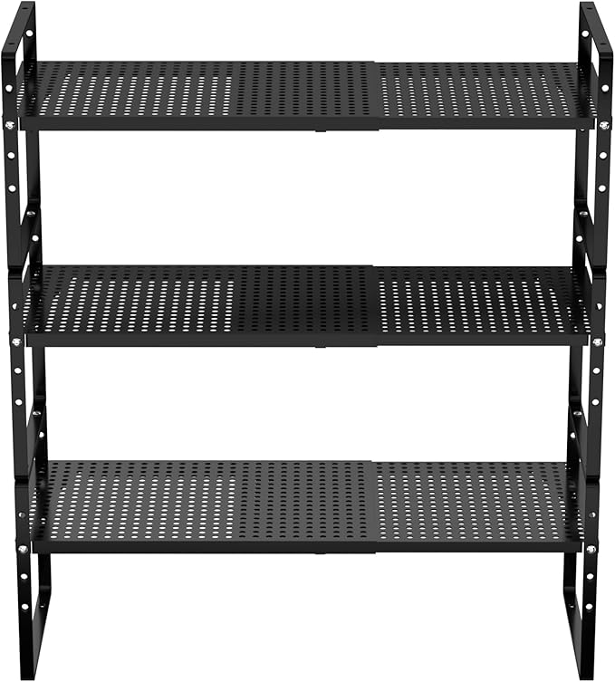 Redrubbit Expandable Cabinet Storage Shelf, Adjustable Height Steel Metal Kitchen Counter Organizers Shelves Spice Rack for Kitchen Pantry Bathroom Cupboard Desk Home Office, Black-3 Pack