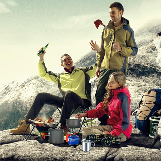 Odoland 8pcs Camping Cookware Mess Kit, Camping Pot and Pan Set with Mini Backpacking Stove, Stainless Steel Cup, Spork and Tank Bracket, Cooking Gear for Outdoor, Hiking, Picnic, Campfire