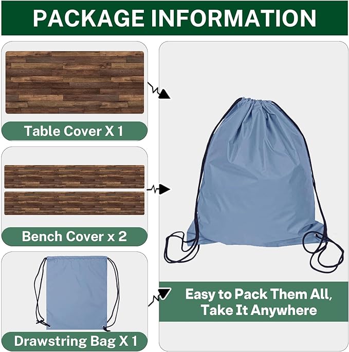Picnic Table Cover with Bench Covers Elastic Edges, Brown Wood Fitted Table Cover, Outdoor Patio Camping Essentials 60 Inch 3PCS, Waterproof Camping Fitted Tablecloth with Drawstring Bag