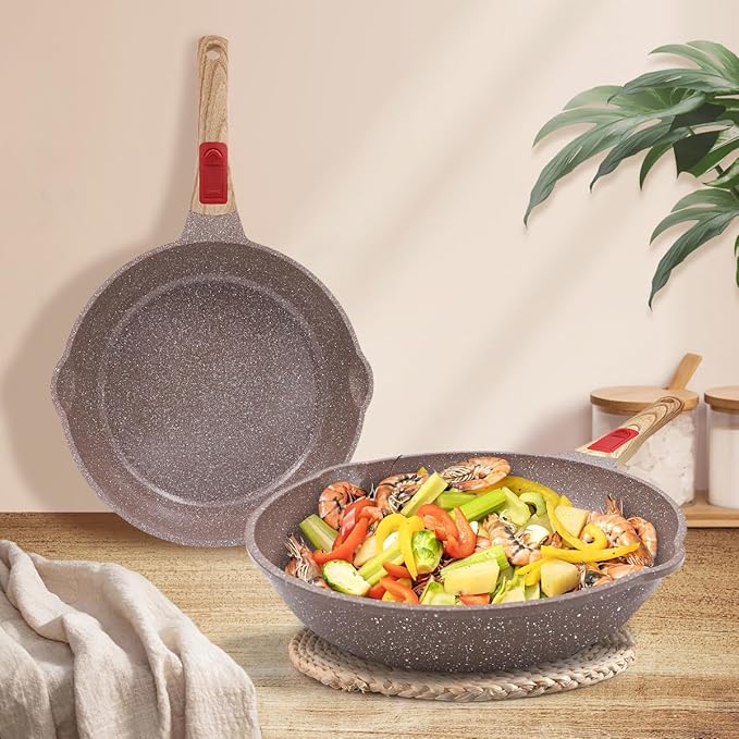 Nonstick Ceramic Deep Frying Pan Set, 10" and 11" Healthy Frying Pan Skillet Set with Removable Handle, Oven Safe, PFAS PFOA & PTFE Free (Brown)