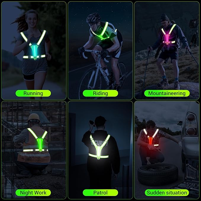 Led Reflective Vest Running Gear,7 Lights Colors Light Up Running Vest, Rechargeable High-Visibility Adjustable Vest for Running, Cycling, and Night Activities(Green)