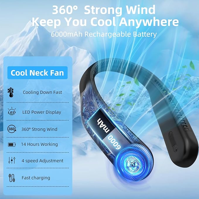 Portable Neck Fan,Gift Ideas,Personal Wearable Bladeless Fan,360° Cooling,LED Display,4-Speeds,6000mAh Rechargeable,Powerful Wind,Outdoor Travel Camping,Birthday Gifts for Men Women Dad Mom (Black)
