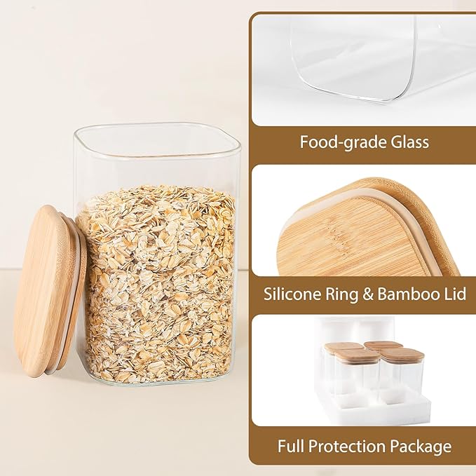 37oz Square Glass Storage Containers with Bamboo Lids – 4 Pack Clear Food Airtight Glass Jars for Pantry Organizers and Storage, Kitchen Dry Food, Coffee, Sugar, Flour, Snacks, Spices