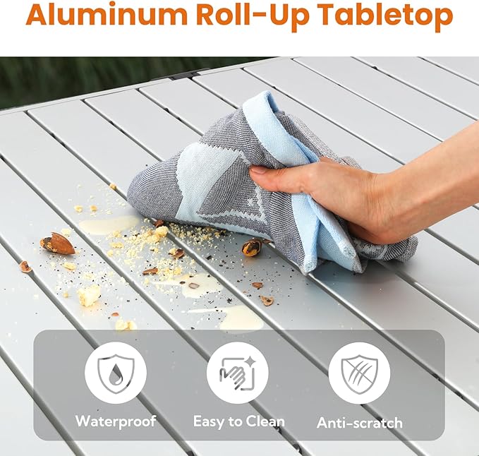 Portable Outdoor Camping Table Large for 2-6 Person - Foldable Camp Table with Aluminum Roll-Up Top & Carry Bag for BBQ, Tailgating, Backyard, 220 Lbs Capacity, Stable & Sturdy (Silver)