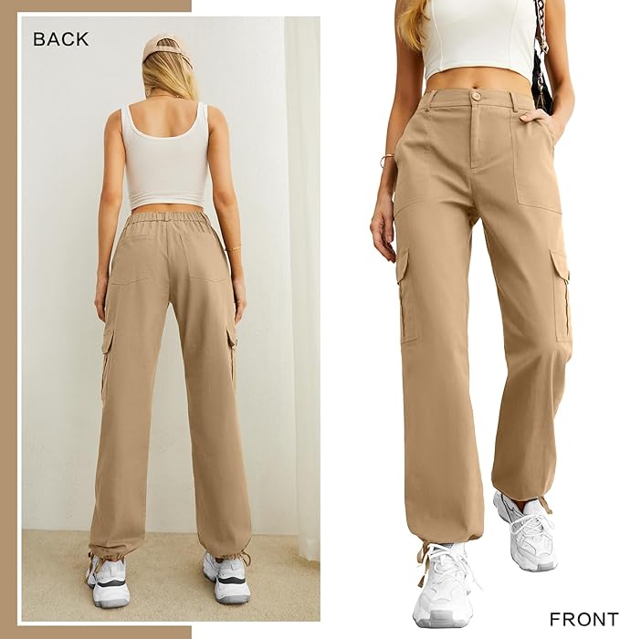 Lepunuo Women's High Waisted Cargo Pants Travel Y2K Streetwear Baggy Stretchy Pants with 6 Pockets Drawstring Ankle Cuffs