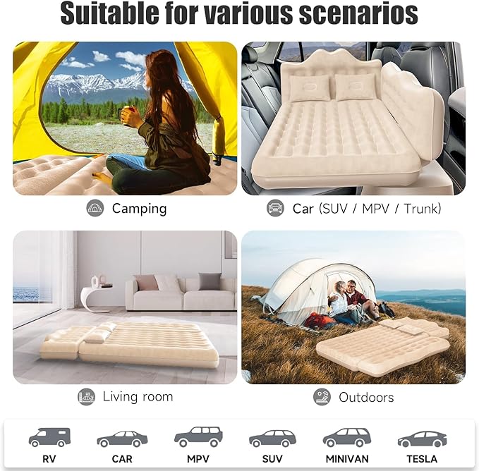 Car Air Mattress, Inflatable SUV Truck Air Mattress Back Seat Camping Bed Thickened Car Sleeping Pad for Travel, Car Bed SUV Mattress with Air Pump 2 Pillows