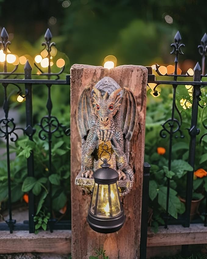 Dragon Statue Solar Lantern for Garden Décor, Dragons Figurine Night Light, 10”Outdoor Decorative Lamp, Mountable on Trees/Walls/Fences. Birthday/Housewarming Gifts for Dragon Fans (Antique Bronze)